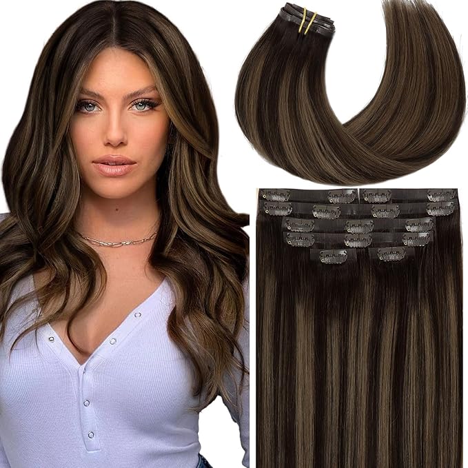 Lacer Clip in Hair Extensions Real Human Hair 16in 7Pcs Seamless Human Hair Clip in Extensions Balayage Natural Black to Chestnut Brown 18 Clips 110 Grams PU Skin Weft For Women