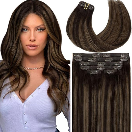 Lacer Clip in Hair Extensions Real Human Hair 16in 7Pcs Seamless Human Hair Clip in Extensions Balayage Natural Black to Chestnut Brown 18 Clips 110 Grams PU Skin Weft For Women
