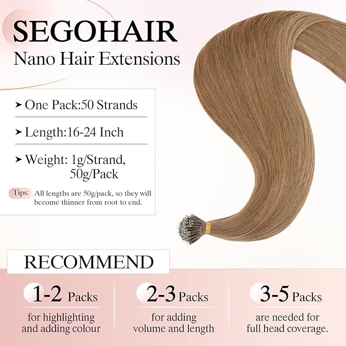 Nano Bead Human Hair Extensions nano rings hair extensions Nano-bond Hair Extensions Nano Tip Extensions Silky Straight Natural 50g/50 Stands 16" Light Brown