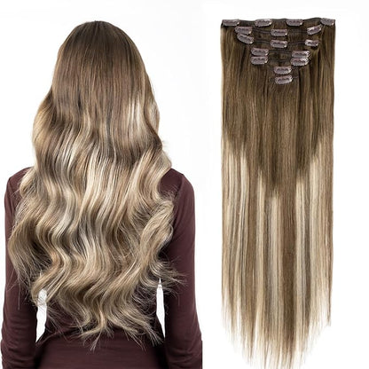 Clip in Hair Extensions Real Human Hair, Silky Straight Remy Hair Extensions for Women, Balayage Walnut Brown to Ash Brown and Bleach Blonde #3TP8/613 18Inch 120G 7PCS