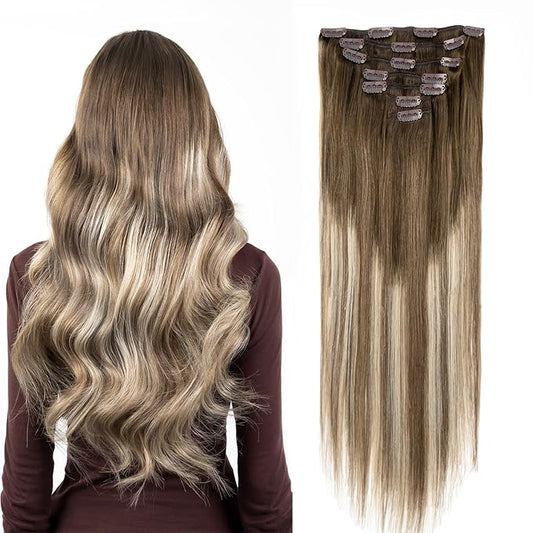 Clip in Hair Extensions Real Human Hair, Silky Straight Remy Hair Extensions for Women, Balayage Walnut Brown to Ash Brown and Bleach Blonde #3TP8/613 18Inch 120G 7PCS