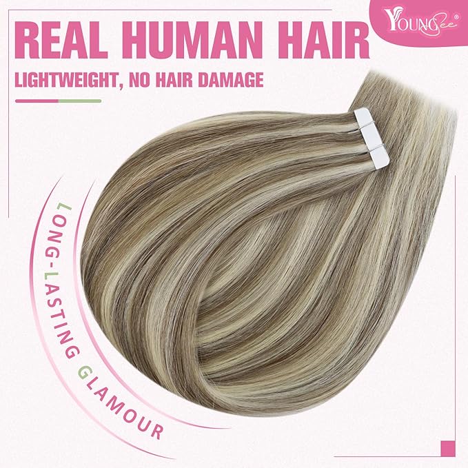 YoungSee Tape in Extensions Human Hair Highlight Brown Tape Hair Extensions Real Human Hair Light Brown Highlight Blonde Tapein Hair Extensions Real Human Hair Remy Silky Straight 16 Inch 20pcs 50g