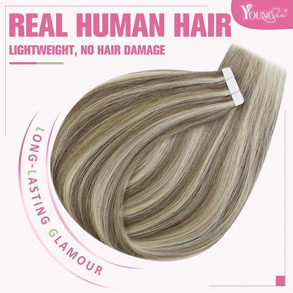 YoungSee Tape in Extensions Human Hair Highlight Brown Tape Hair Extensions Real Human Hair Light Brown Highlight Blonde Tapein Hair Extensions Real Human Hair Remy Silky Straight 16 Inch 20pcs 50g