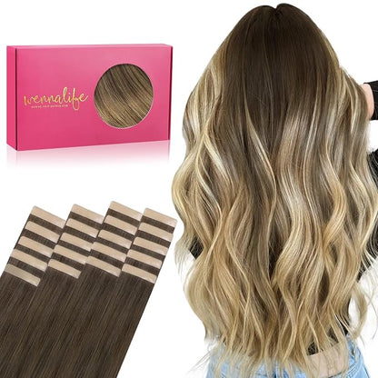 WENNALIFE Tape in Hair Extensions Human Hair, 20pcs 60g 26 inch Ombre Walnut Brown to Ash Brown and Bleach Blonde Remy Hair Extensions Straight Human Hair Tape in Extensions Skin Weft Tape Extensions