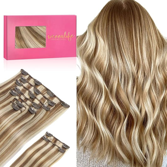 WENNALIFE Hair Extensions Clip In, 9pcs 16inch 150g Ash Brown Highlighted Golden Blonde Thicker Clip In Hair Extensions Real Human Hair Remy hair extension Double Weft Clip in Human Hair Extensions