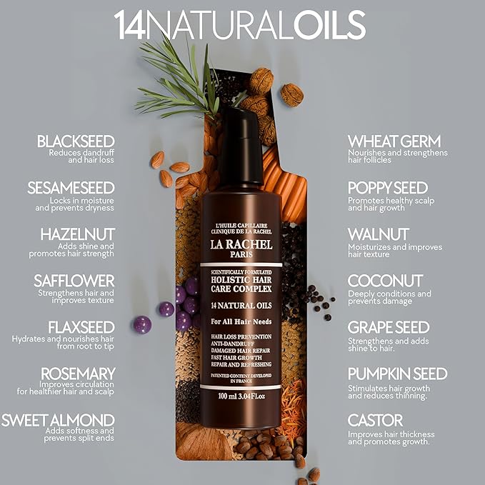 LA RACHEL 14-in-1 Hair Care Oil for Growth & Strength | Scalp & Follicle Nourishing Oil | Restores Shine & Repairs Damaged Hair for Healthier, Stronger Locks Paris | 3.4 Fl oz