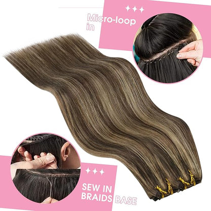 YoungSee Weft Hair Extensions Balayage Sew in Hair Extensions Dark Brown Mix Caramel Blonde Highlights Human Hair Weft Extensions Brown 20Inch 100G