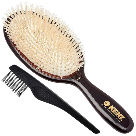Kent CSGL 9" Large Oval Cushion Straightening Brush and Scalp Brush – Natural White Boar Bristles Hair Brush for Fine or Thinning Hair – Large Cushion Shine & Smoothing (+ Hair Brush Cleaner)