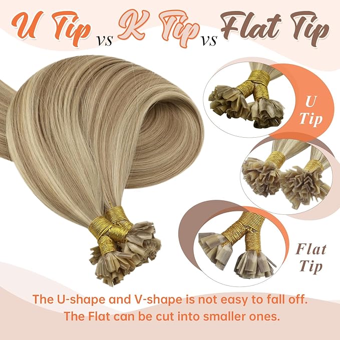 Sunny Golden Blonde U Tip Hair Extensions 18in U Tip Hair Extensions Human Hair Ash Blonde Highlights Light Blonde Utip Human Hair Extensions Hot Fusion Ktip Human Hair Extensions Soft Silky 50g/s