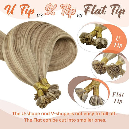 Sunny Golden Blonde U Tip Hair Extensions 18in U Tip Hair Extensions Human Hair Ash Blonde Highlights Light Blonde Utip Human Hair Extensions Hot Fusion Ktip Human Hair Extensions Soft Silky 50g/s