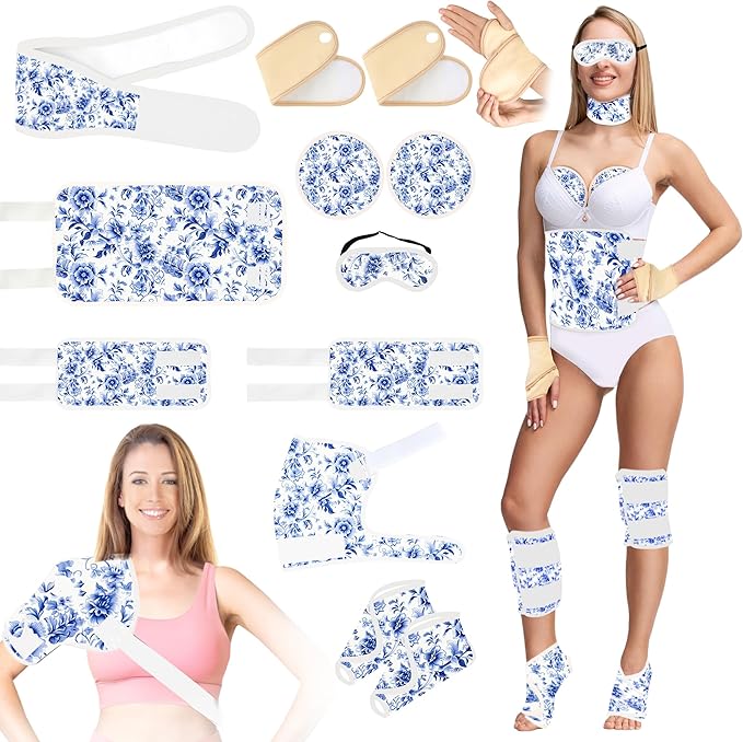 12 Pcs Castor Oil Pack Wrap, Reusable Castor Oil Pack Kit Organic Cotton for Shoulder Hands Neck Waist Chest Knees and Feet, Adjustable Compress Pads for Entire Body, Machine Washable Anti Oil Leak