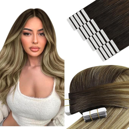 YoungSee Tape in Human Hair Extensions Balayage 20pcs Real Hair Tape in Extensions Human Hair Ombre Dark Brown to Brown with Blonde Tape on Hair Extensions 22In 50g Long Lasting Hair Extensions