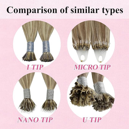 YoungSee Microbead Hair Extensions Highlight Microlink Hair Extensions Human Hair Light Brown Highlight Blonde Micro Beads Hair Extensions for Short Hair 14In 50s 50g Beaded Hair Extensions Soft