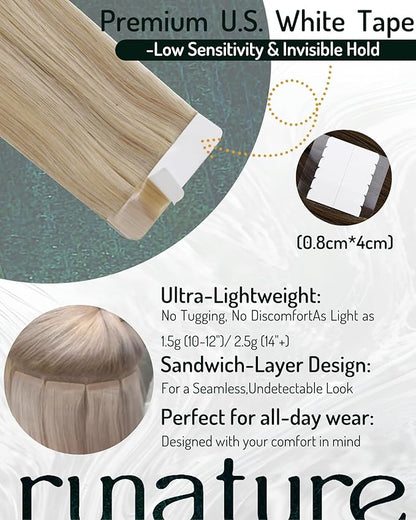 RUNATURE Human Hair Tape in Extensions Ash Blonde Mix Light Blonde Invisible Tape in Hair Extensions Human Hair 18 Inch Double Sided Remy Tape ins Human Hair Extension Silky Full Ends 50g 20pcs