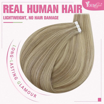 YoungSee Tape in Hair Extensions Human Hair Highlight Blonde Tape in Hair Extensions Highlight Golden Blonde Mix Blonde Hair Extensions Real Human Hair Tape in 14 Inch 20pcs 50g Remy Hair Extensions