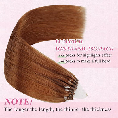 YoungSee Micro Ring Hair Extensions Copper Micro Tip Hair Extensions 16Inch Micro Link Human Hair Extensions Human Hair Extension Micro Beads 25g Bead Hair Extensions 25s