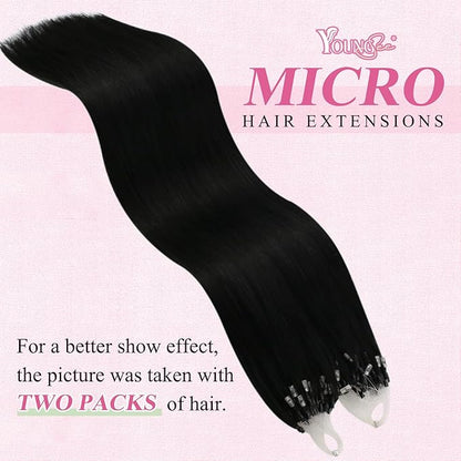 YoungSee Micro Beads Hair Extensions Black Microbead Hair Extensions Human Hair Jet Black Bead Hair Extensions for Women 24 Inch Hair Extensions Bead Hair Extensions Real Human Hair Natural 50s 50g
