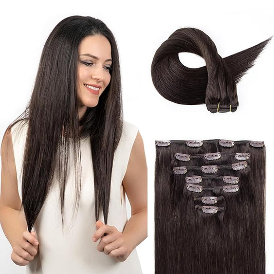 Clip in Hair Extensions Real Human Hair, Remy Human Hair Clip in Extensions for Long Hair, Dark Brown Straight Hair Extensions Add Volum add Length #2 18Inch 120G 7PCS