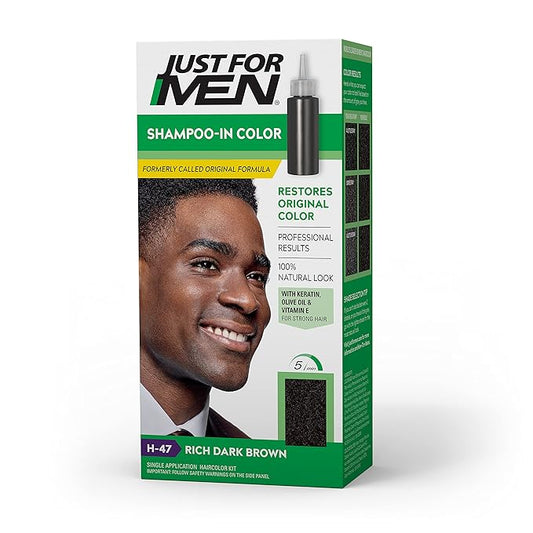 Just For Men Shampoo-In Color (Formerly Original Formula), Mens Hair Color with Keratin and Vitamin E for Stronger Hair - Rich Dark Brown, H-47, Pack of 1