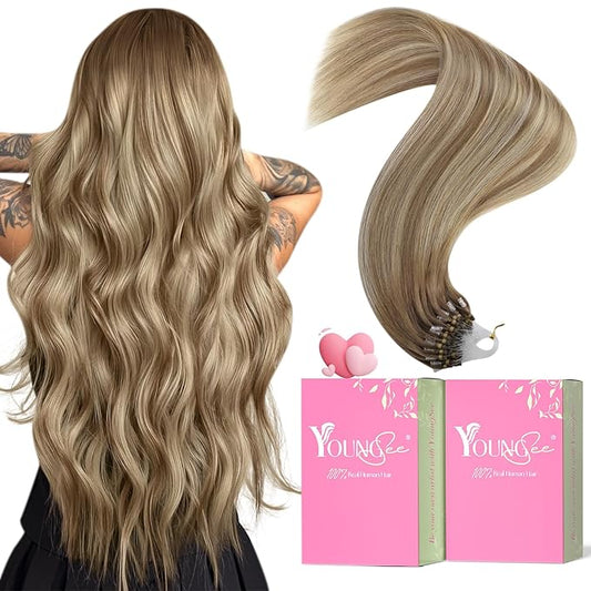 YoungSee Microlink Hair Extensions Human Hair Ombre Bead Hair Extensions Real Human Hair Brown with Blonde Balayage Micro Ring Human Hair Extensions for Short Hair 14In 50s 50g Pre Bonded Hair