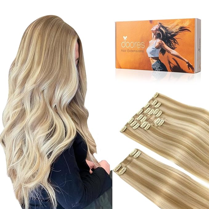 DOORES Hair Extensions Clip in Human Hair, Dark Blonde Highlighted Bleach Blonde 150g 9pcs 14 Inch, Remy Clip in Human Hair Extensions Real Natural Hair Extensions
