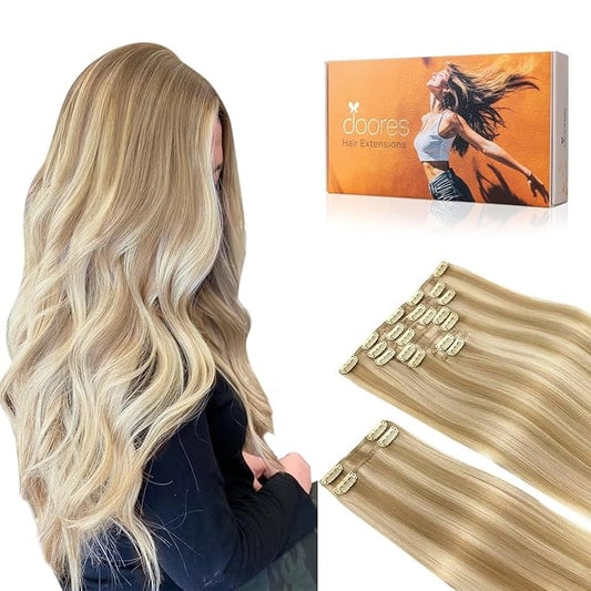 DOORES Human Hair Clip in Extensions, Balayage Dark Blonde Highlighted Bleach Blonde 24 Inch 9pcs 150g, Clip in Hair Extensions Remy Hair Extensions Silky Straight Extensions For Women Thick