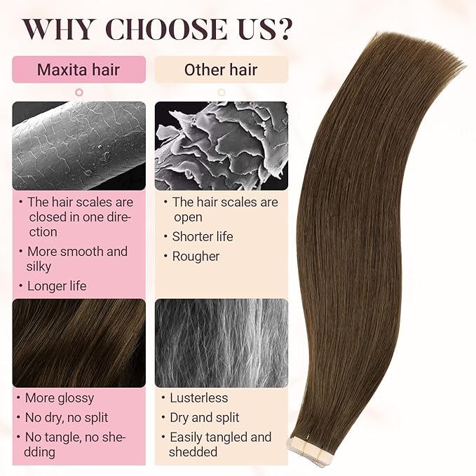 MAXITA Tape in Extensions, 20 Inch 20pcs 50g, Remy Human Hair Tape in Hair Extensions Real Human Hair, Honey Brown Straight Thick Ends Tape Ins Skin Weft Hair Extensions for Women
