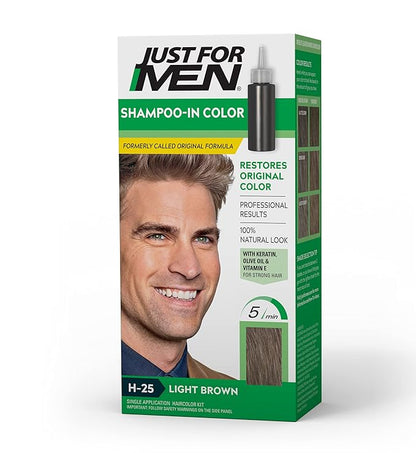 Just For Men Shampoo-In Color (Formerly Original Formula), Mens Hair Color with Keratin and Vitamin E for Stronger Hair - Light Brown, H-25, Pack of 1