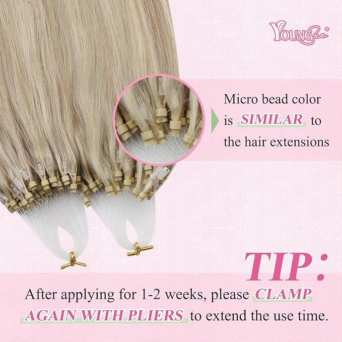 YoungSee Micro Link Hair Extensions Human Hair Blonde Micro Bead Hair Extensions Real Human Hair Blonde Highlights Ash Blonde Micro Ring Hair Extensions Silky Straight 18In Bead Hair Extension 50g 50s