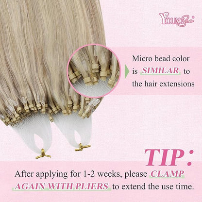 YoungSee Micro Link Hair Extensions Human Hair Blonde Micro Bead Hair Extensions Real Human Hair Blonde Highlights Ash Blonde Micro Ring Hair Extensions Silky Straight 18In Bead Hair Extension 50g 50s