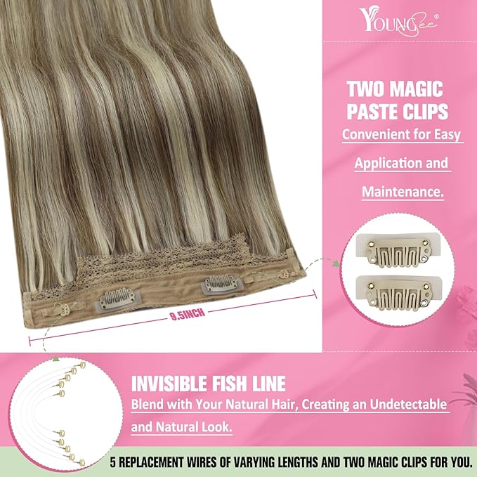 YoungSee Wire Hair Extensions Human Hair Highlight Human Hair Wire Extensions Light Brown Highlights with Blonde Smooth Wire Real Hair Extensions Personalized Customization Hair Extensions 16In 80G