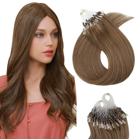 Micro Link Hair Extensions Human Hair Micro Bead Extensions Loop Ring Human Hair Extensions for Women Silky Straight Natural 50g/100 Stands 14" Light Brown