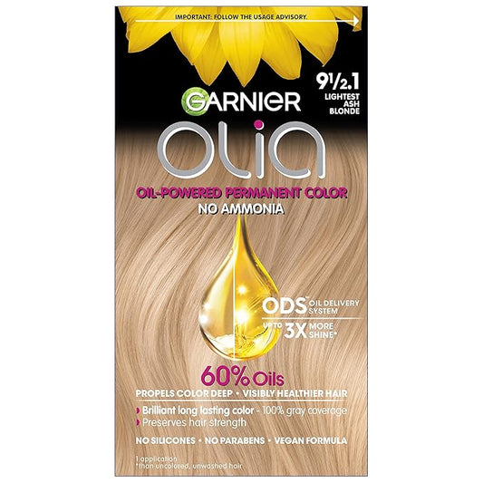 Garnier Hair Color Olia Ammonia-Free Brilliant Color Oil-Rich Permanent Hair Dye, 9 1/2.1 Lightest Ash Blonde, 1 Count (Packaging May Vary)