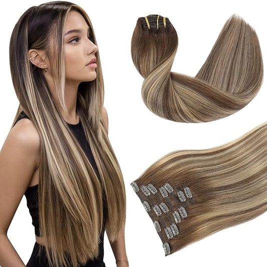 Youngsmile Real Human Hair Extensions Clip in, Balayage Chocolate Brown with Caramel Brown Clip in Extensions 20 Inch 7 Pcs 120 Gram, Easy to Install, Natural Human Hair (CLIP#4/27/4-20Inch)