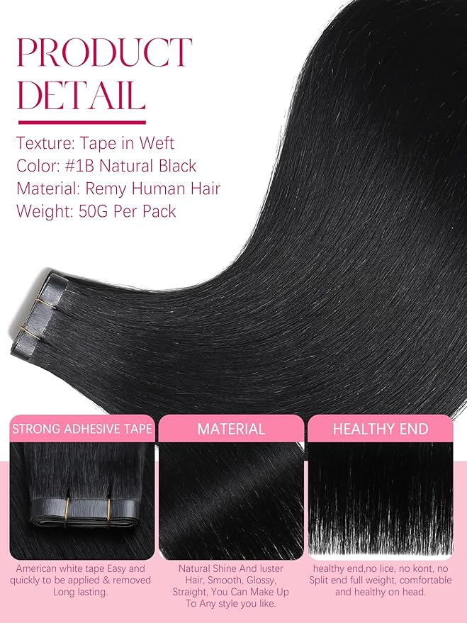 Lacer Long Tape Weft Hair Extensions 16inch Hair Extensions Real Human Hair Tape in One Piece Tape in Weft Natural Black Invisible Tape ins Extensions 50g 31.5" (80cm)