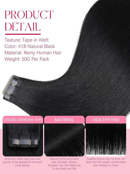 Lacer Long Tape Weft Hair Extensions 16inch Hair Extensions Real Human Hair Tape in One Piece Tape in Weft Natural Black Invisible Tape ins Extensions 50g 31.5" (80cm)
