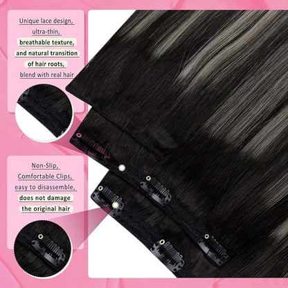 YoungSee 135G Clip in Hair Extensions Ombre Clip in Hair Extensions Human Hair Blend of Black and Silver with Black Roots Black Women for Natural Look 16In