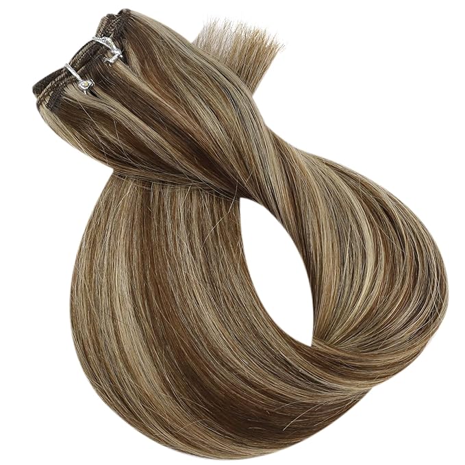 Full Shine Weft Hair Extensions Remy Hair Extensions Highlight Brown Hair Weft Sew In Real Hair Color Brown Highlight Honey Blonde Human Hair Bundles For Women 16 Inch 105G