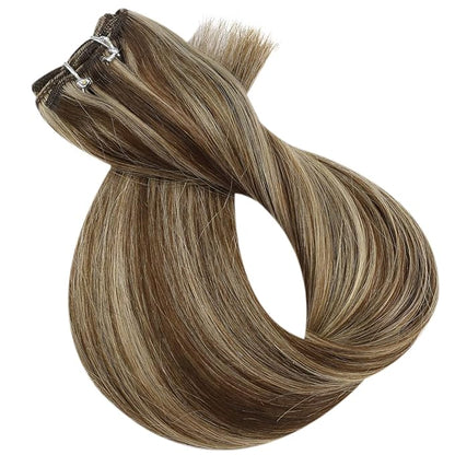 Full Shine Weft Hair Extensions Remy Hair Extensions Highlight Brown Hair Weft Sew In Real Hair Color Brown Highlight Honey Blonde Human Hair Bundles For Women 16 Inch 105G