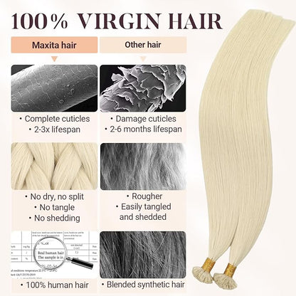 MAXITA U Tip Hair Extensions Human Hair, Platinum Blonde Hair Extensions Real Human Hair, 50g/50 Strands/Pack, 14 In Virgin Human Hair
