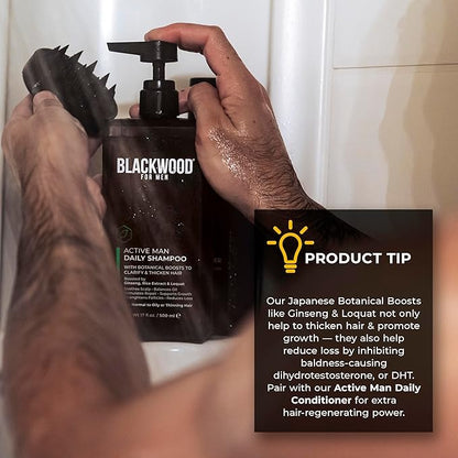 BLACKWOOD FOR MEN Active Man Daily Shampoo - Thickening & Clarifying Shampoo for Normal to Oily Hair or Scalp - Fights Hair Loss - Natural Vegan Formula - Sulfate Free with Ginseng & Aloe Vera (7oz)