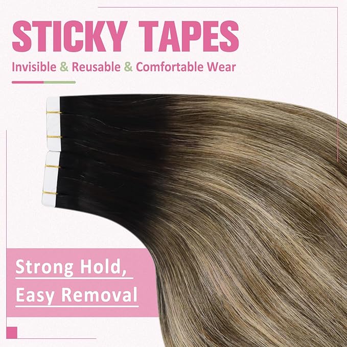 YoungSee Human Hair Tape in Extensions Balayage 14Inch 50g Tape Hair Extensions Real Human Hair Black Ombre Brown Invisible Tape in Hair Extensions 20pcs Tape Human Hair Extensions Silky Straight