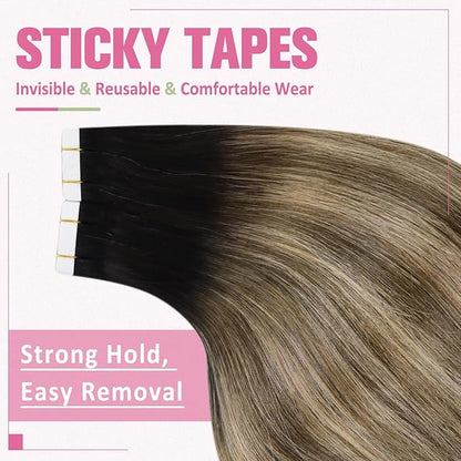YoungSee Human Hair Tape in Extensions Balayage 14Inch 50g Tape Hair Extensions Real Human Hair Black Ombre Brown Invisible Tape in Hair Extensions 20pcs Tape Human Hair Extensions Silky Straight