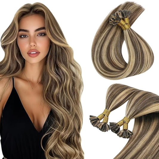 Sunny Hair U Tip Hair Extensions Real Human Hair Brown Mixed Caramel Blonde Utip Hair Extensions Human Hair 22inch K Tip Hair Extensions Real Human Hair Easy to Apply 50g