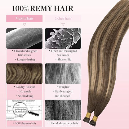 MAXITA I Tip Hair Extensions, 50g/50s, Chocolate Brown to Caramel Blonde 18 Inch Comfortable Wear, Invisible & Natural Cold Fusion, 100% Remy Human Hair Itip Keratin Extensions