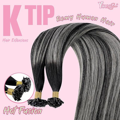 YoungSee K Tip Human Hair Extensions Ombre U Tip Extensions Human Hair Straight Ktip Real Hair Extensions Natural Black Roots to Silver Grey Balayage Hair Extensions K Tip 50g 22inch 50s