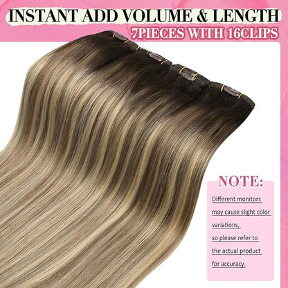 YoungSee 135g Human Hair Extensions Clip in Balayage Clip in Hair Extensions Dark Brown Roots Blending into Medium Brown with Warm Blonde For Special Occasions 18inch 7pcs