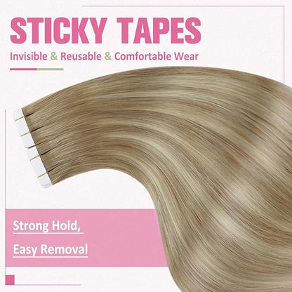 YoungSee Tape in Human Hair Extensions Balayage Tape ins Hair Extensions Ombre Golden Brown to Blonde Real Hair Tape in Extensions Human Hair 18 Inch 20pcs 50g Invisible Hair Extensions Human Hair