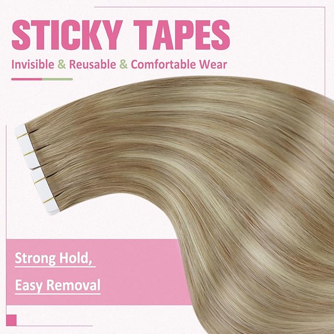 YoungSee Tape in Hair Extensions Human Hair Balayage Tape ins Human Hair Extensions Golden Brown Ombre Platinum Blonde Real Human Hair Tape in Extensions 12 Inch 20pcs 30g Short Hair Extensions
