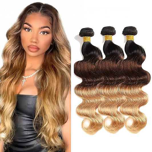 Ombre Bundles Human Hair Blonde Body Wave Bundle Niegmeag Virgin Remy Hair 3 Bundles 16 18 20 Inch Double Weft 3 Tone Brown and Honey Blonde Body Wave Bundle